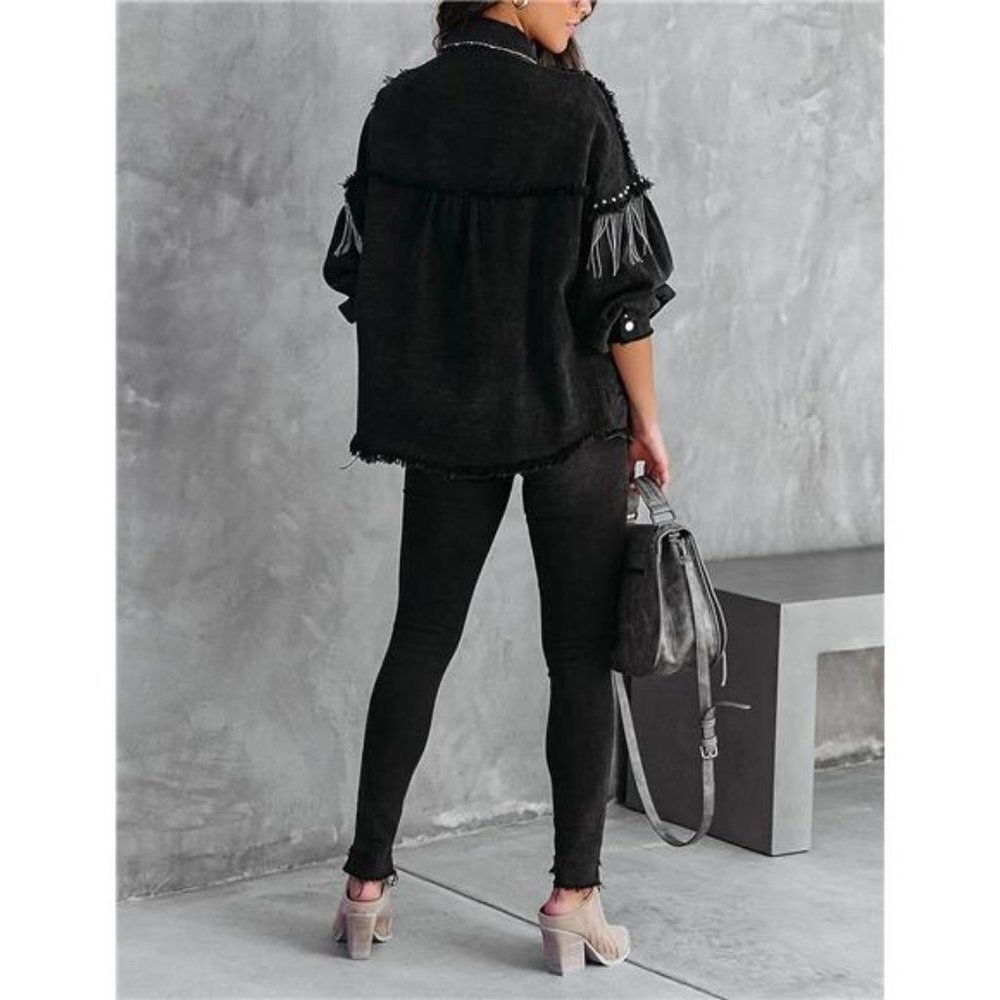 Black Denim Jacket Fringe Distressed Tassel Studded Jean Jacket Shacket Top - Picture 6 of 8